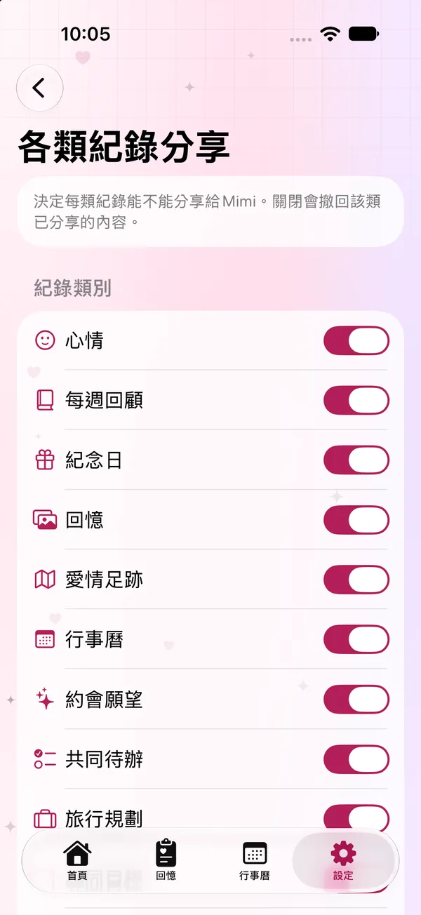 各類紀錄分享：依類別決定能不能分享給伴侶